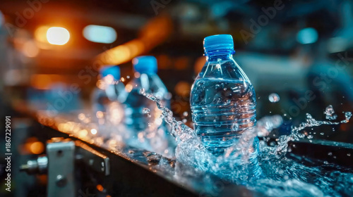 Plastic water bottles moving along a conveyor belt with splashing water in a modern bottling factory