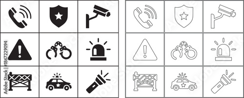 Set of Security and Police Icons. Modern Black Filled and Outline Line Vector Collection. isolated PNG with Transparent Background