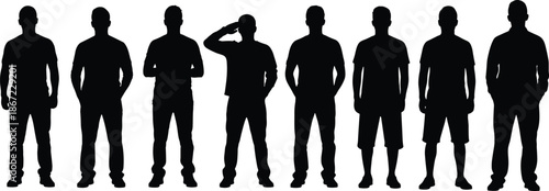 Silhouettes of diverse men standing in a row including a person saluting as cad drawing flat vector illustration for architectural projects
