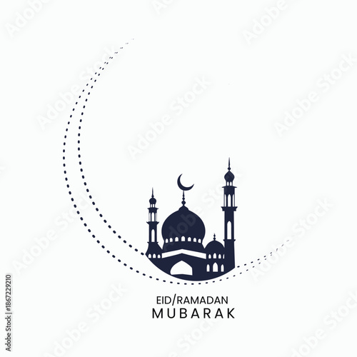 Minimalist Islamic Ramadan and Eid Mubarak Mosque Silhouette with Dotted Crescent Moon
