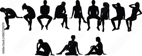 Black silhouette people sitting poses collection isolated on white background human body posture set illustration vector diverse men women conceptBlack silhouette people sitting poses 
