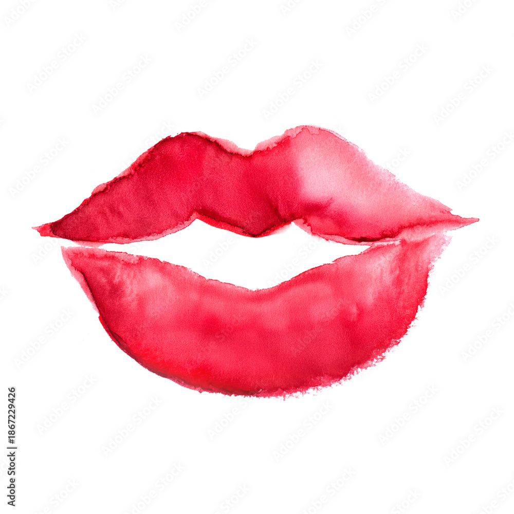 Fototapeta premium Beautiful watercolor red lips on white background, perfect for Valentine's Day theme, or makeup cosmetic product. Smear and texture of red kiss made with paint.