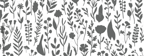 The image features a pattern consisting of gray leaves and flowers set against a white background. This design creates a clean and elegant aesthetic, with the gray elements providing a subtle contrast