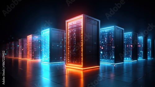 AI Machine learning. A futuristic data center with illuminated server racks displaying vibrant blue and orange lights against a dark background.