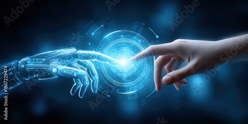 AI Machine learning. A robotic hand reaches out to connect with a human hand, symbolizing the merging of technology and humanity.