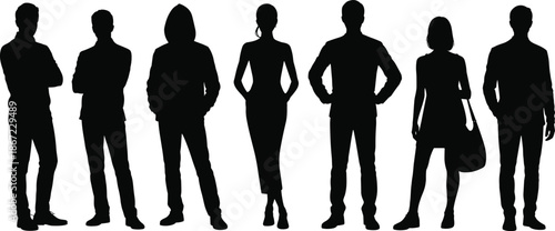 Business people silhouettes illustration, men and women standing group, professional teamwork concept, corporate lifestyle characters, black white vector design