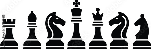 Chess pieces silhouette illustration, strategic game concept, king queen rook bishop knight pawns, black white vector icon set, design, collection