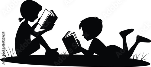 Children reading books silhouette illustration, kids learning outdoors, education concept, childhood literacy, black white vector art, study imagination, nature play