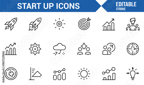 Minimal startup and entrepreneurship outline icons set