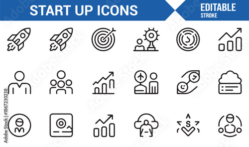 Startup strategy and growth analytics outline icons