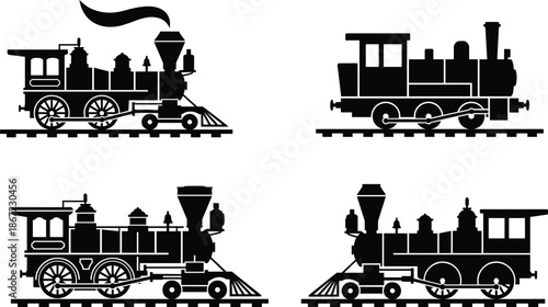 Vintage steam locomotive silhouettes set, classic railway train engine icons, retro transportation design collection, black vector illustration isolated on white background