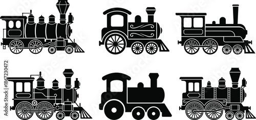 Vintage steam locomotive silhouettes collection, classic railway train icons, retro transportation design, old fashioned engine illustrations, industrial history, black and white graphic set