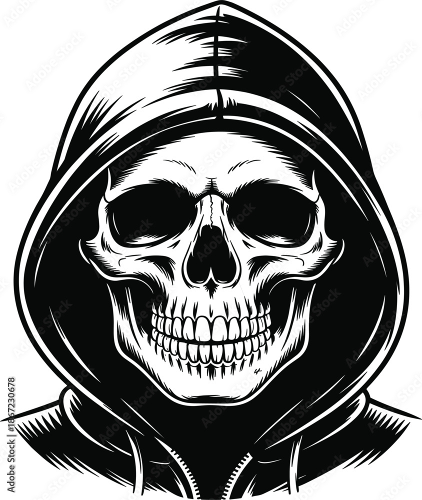 Fototapeta premium Human skull wearing hoodie sweatshirt vector illustration, grim reaper character head silhouette for streetwear apparel design