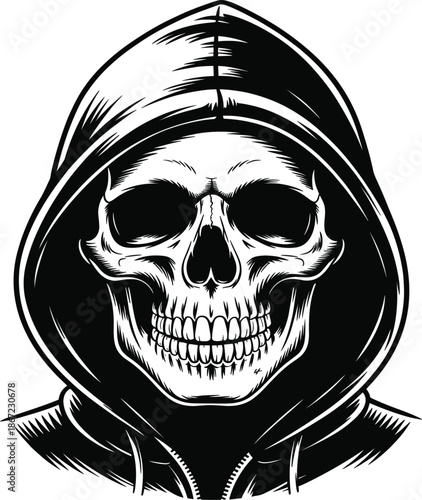 Human skull wearing hoodie sweatshirt vector illustration, grim reaper character head silhouette for streetwear apparel design