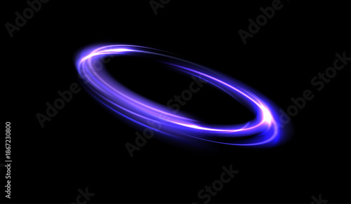 Neon purple ring of light with smooth glowing trails creating a circular motion effect. Futuristic energy vortex isolated on a dark background. Suitable for visualizing technology and sci-fi concepts.