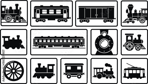 Vintage steam train icons set, retro railway locomotive, wagon, carriage silhouettes, transportation history symbols, black vector illustration collection for design branding signage web print