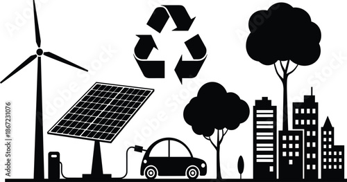 Green energy sustainable city vector illustration, renewable solar power and wind turbine eco friendly environment design