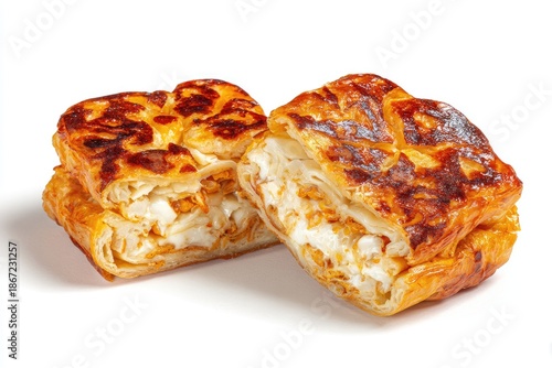 Two golden-brown, square pastries, sliced open, revealing a cheesy filling