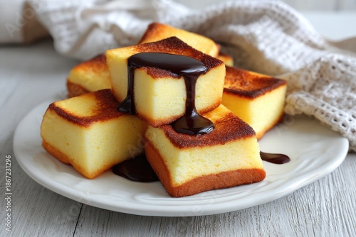 Sweet, golden-brown, cake-like squares, drizzled with dark chocolate