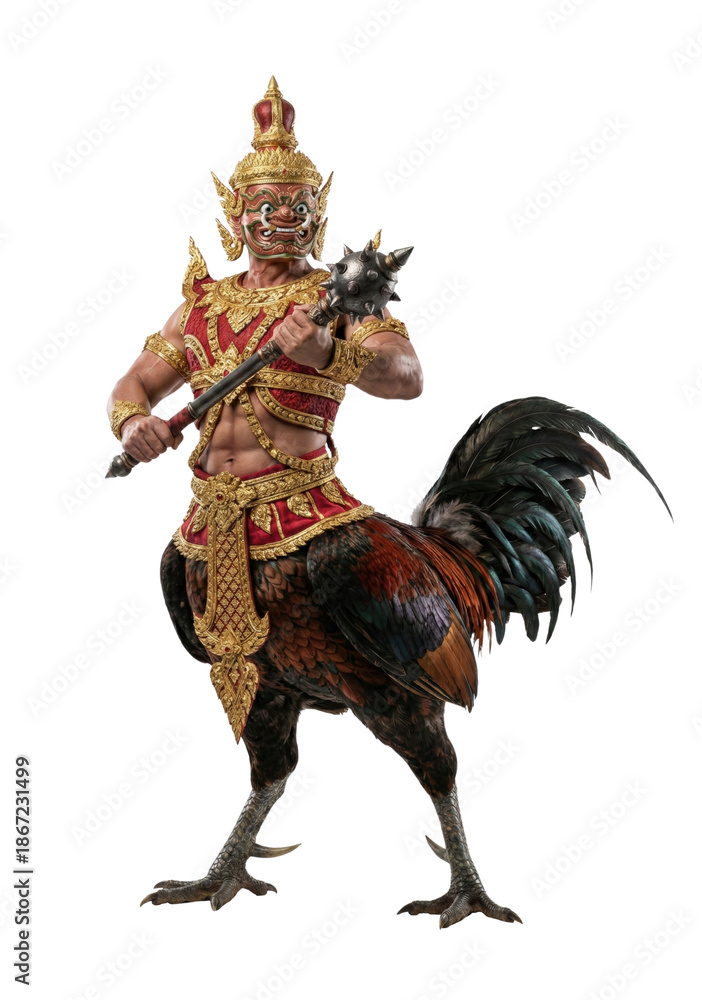 Fototapeta premium Mythical Yaksha bird hybrid warrior holding mace isolated. Thai Himmapan creature.