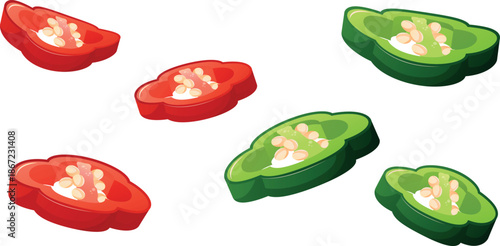 set of chili pepper slices, hot red and green jalapeno chili peppers. Fresh vegetables, spicy food.