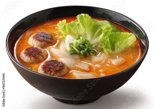 Spicy soup with meatballs and noodles in a bowl