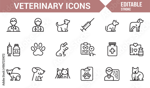 Pet health and veterinary medical outline icons