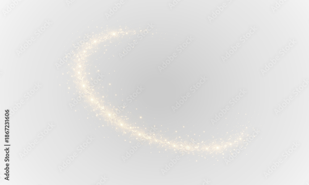 Fototapeta premium Golden dust sparks and glowing starlight trail with magical shine on transparent background. Beam, curve, dynamic, effect, flare glowing PNG swirl with sparkles and gold light trail.