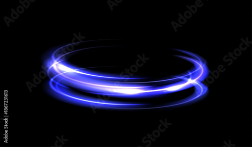 Neon purple ring of light with smooth glowing trails creating a circular motion effect. Futuristic energy vortex isolated on a dark background. Suitable for visualizing technology and sci-fi concepts.