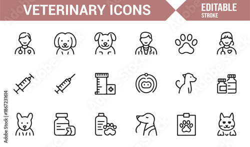 Veterinary outline icons set for pet healthcare