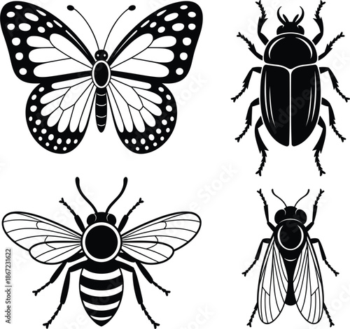 Black insect silhouette vector set, butterfly beetle honey bee and fly illustrations for nature graphic design