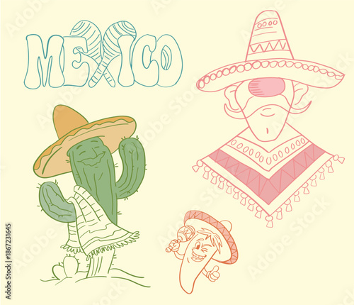 Stylized Mexico themed illustration featuring a character in sombrero and poncho with cactus elements. Ideal for cultural posters, travel designs, festival graphics, souvenirs and educational material
