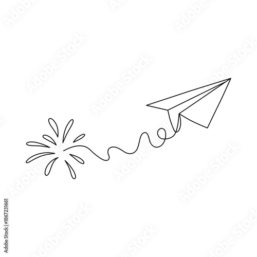 Line art illustration of a paper airplane with sparkler firework