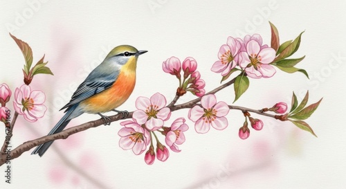 Vibrant bird resting on a delicate branch of flowering cherry blossoms in spring