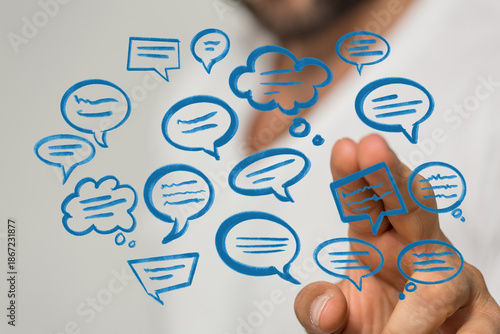 Hand reaching out to connected speech bubbles, brainstorming. Discussing communication, digital dialogue, virtu