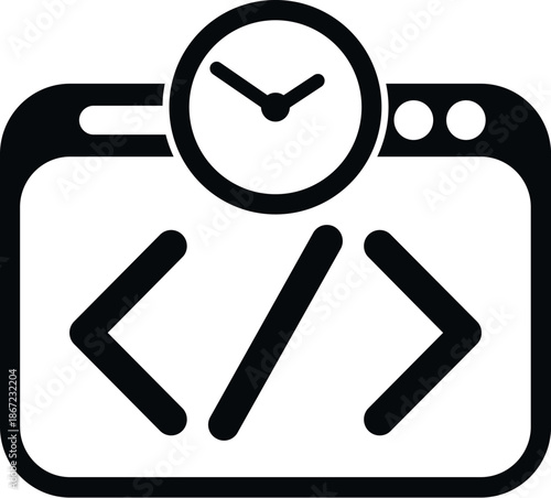 Browser window showing code tags and a clock symbolizing development time and deadlines