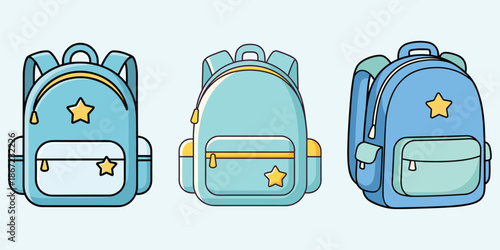 Three adorable cartoon backpacks stand side by side each a unique design with stars and pockets perfect for school supplies kids' illustrations or back to school