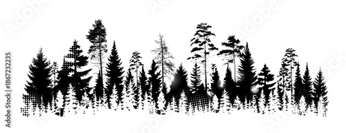 Pine tree silhouette concept. Minimalistic creativity and art with Christmas trees. Ecosystem and envorinment. Template and mock up. Cartoon flat vector illustration isolated on white background