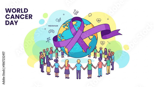 World cancer day illustration with diverse people holding hands around the globe and purple ribbon with cancer awareness and global unity and diversity