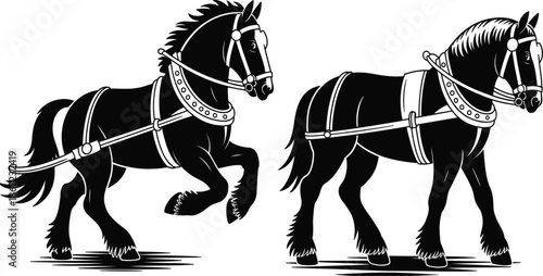 Black draft horse silhouette vector set, powerful farm workhorse outlines in harness for equestrian logo design