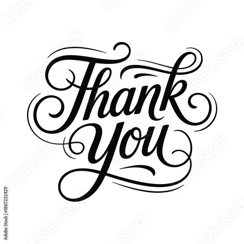 Elegant cursive typography displays the words thank you in black and white