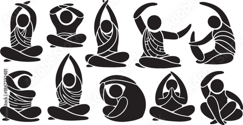 Yoga poses illustrations in black and white colors