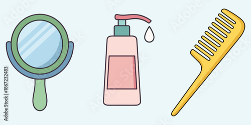 Stylized flat vector illustration featuring a green hand mirror a pink bottle of lotion or soap with a drop and a yellow comb perfect for health and wellness or beauty