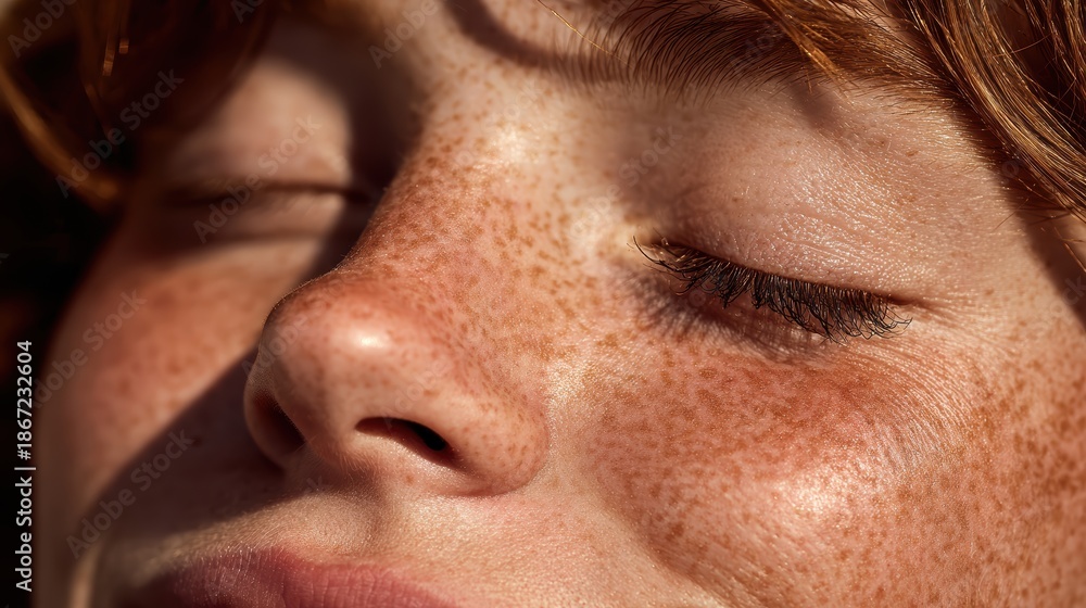 Fototapeta premium Golden Hour Embrace: A captivating close-up of sun-kissed skin, adorned with delicate freckles. The eyes are gently closed, embracing the warmth and tranquility of a sunlit moment.