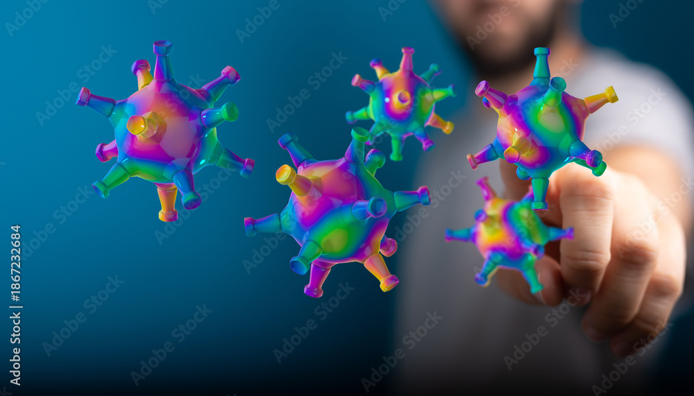 Fototapeta premium Abstract conceptual image of a person interacting with rainbow colored viruses. Symbolizing healthcare, scienc