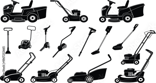 Lawn mower silhouette vector set, garden maintenance equipment icons including tractor and trimmer for landscaping design