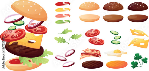 Burger ingredients list, vegetables, sauces, meat, cheese, and buns. Street food, fairs, festivals, and traditional food.