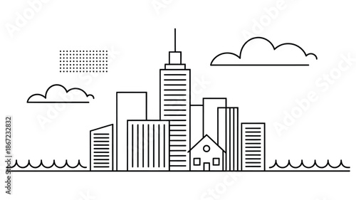 Simple line drawing depicts a cityscape with buildings water and clouds