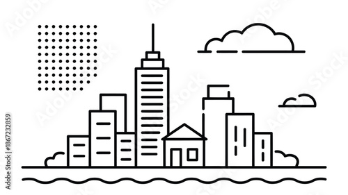 A simple line drawing depicts a cityscape with buildings and water