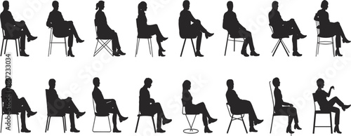Sitting people silhouette vector set, men and women figures on chairs for architectural scale and design